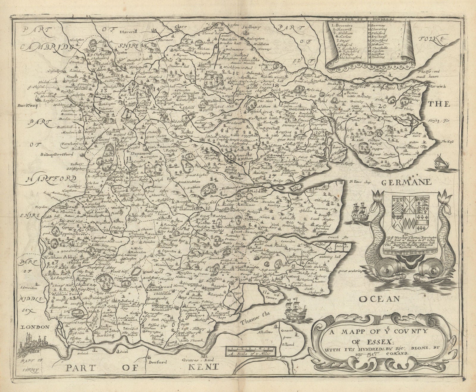 A Mapp of ye County of Essex; with its Hundreds by Richard Blome 1673 old